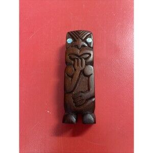 Vintage New Zealand Rotorua Maori Effigy Paua Shell & Wood Carving Matai